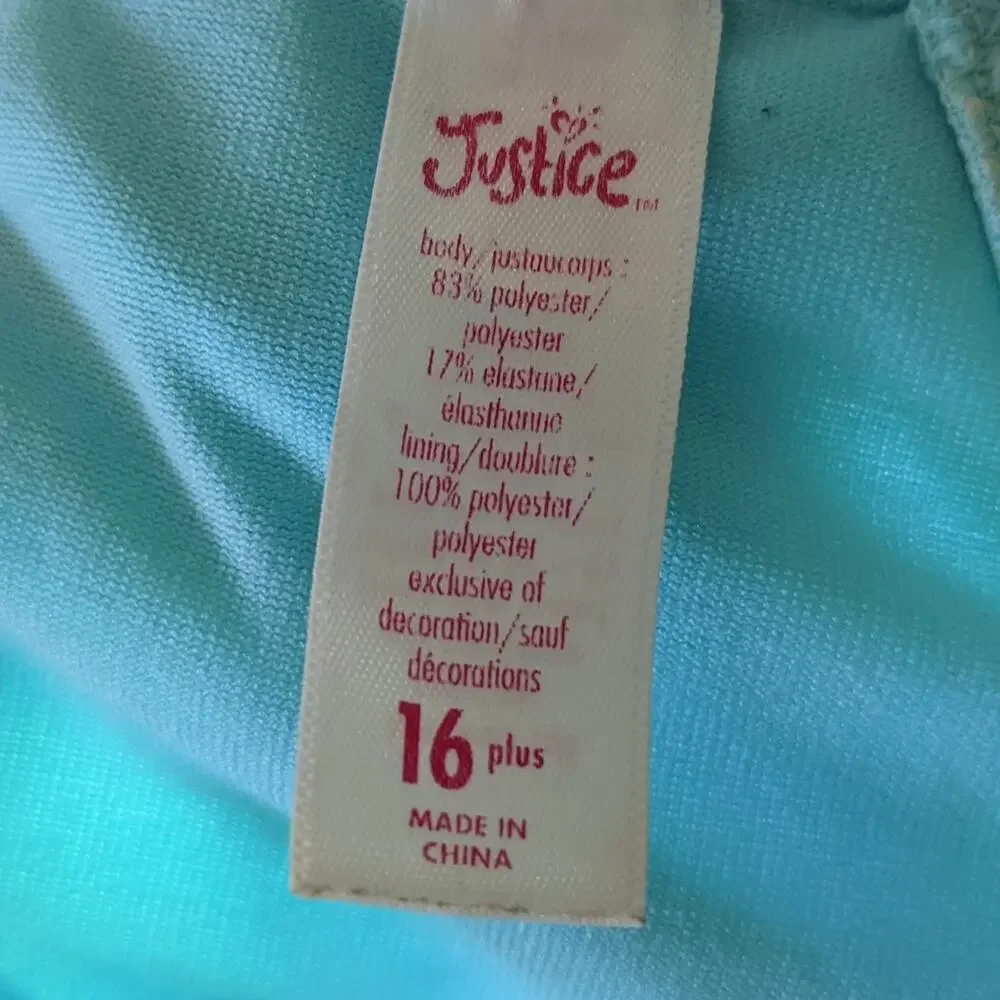JUSTICE 16 PLUS Surf Teal Beach One Piece Swimsuit Palm Trees Girls Plus